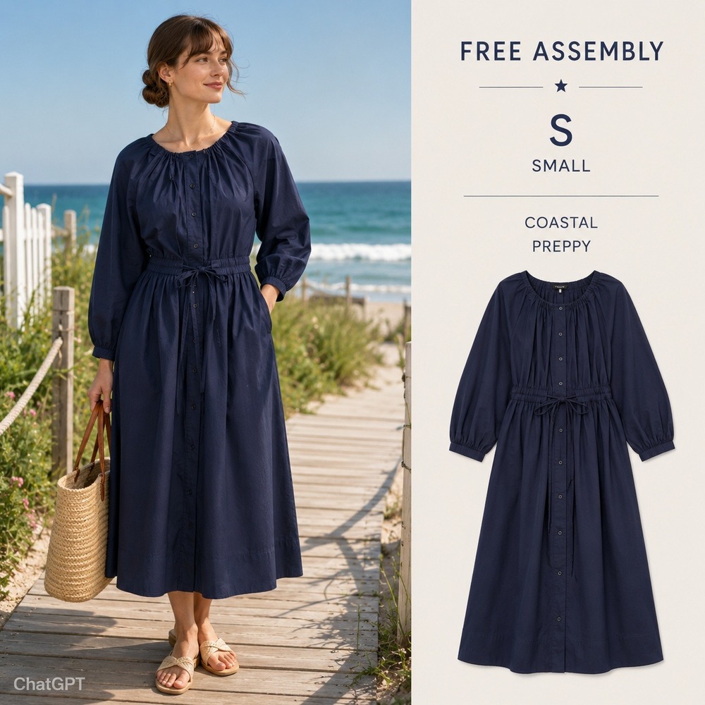NEW Free Assembly Maxi LS Shirt Dress Women S Navy Coastal Cotton Pockets Career